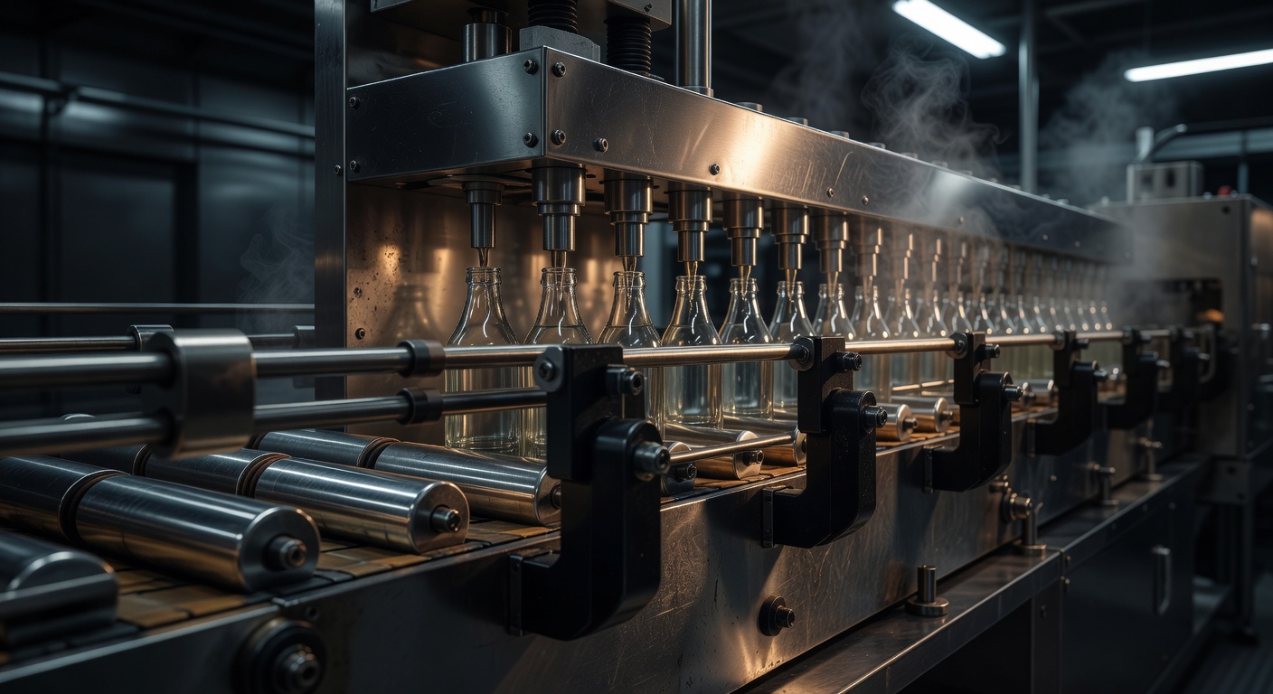 Juice bottling production line close-up