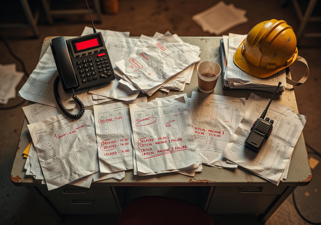 Stressed foreman buried in paper schedules and spreadsheets